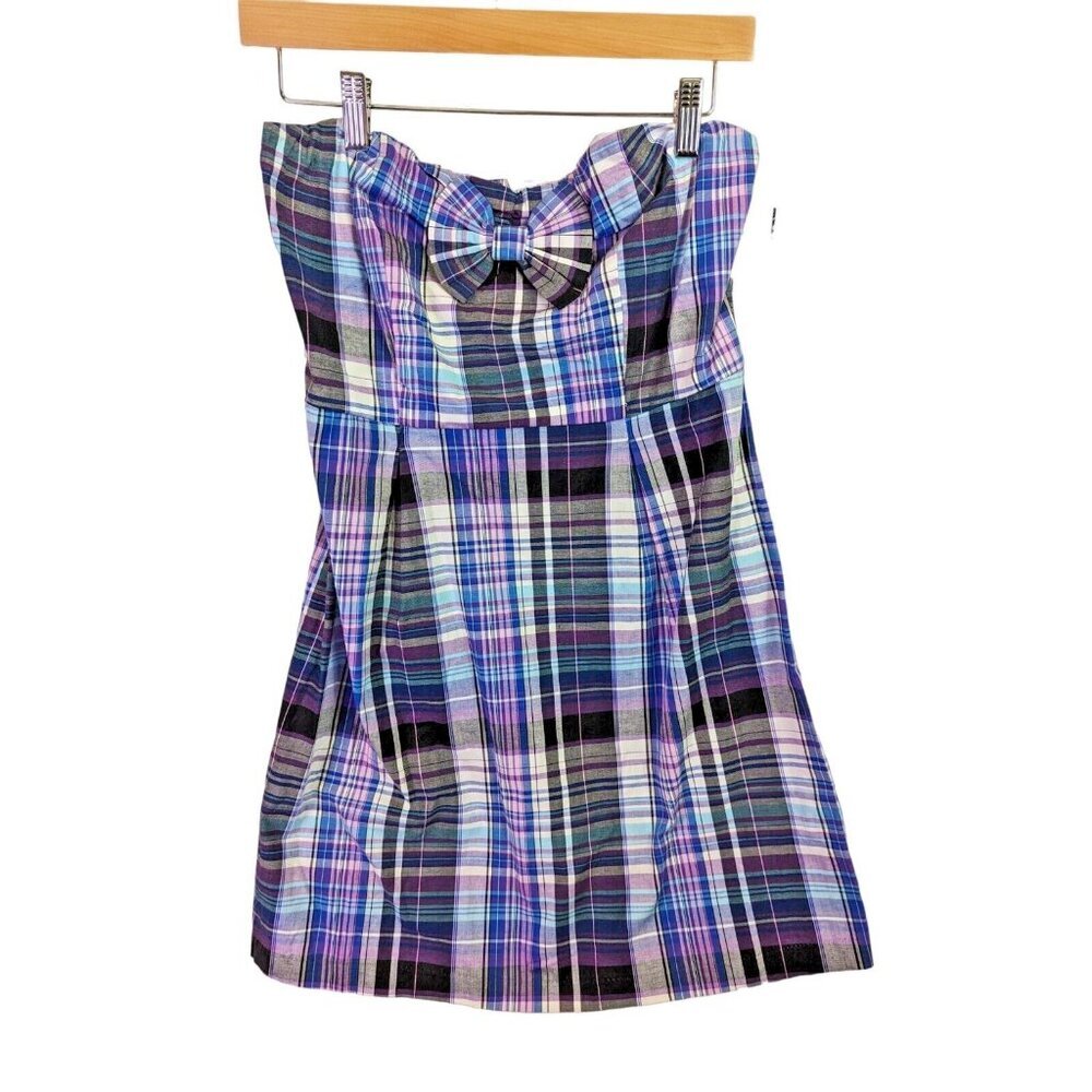 Tempted Hearts Women size L  Zip Back Purple Plaid Slit Strapless Mini Dress